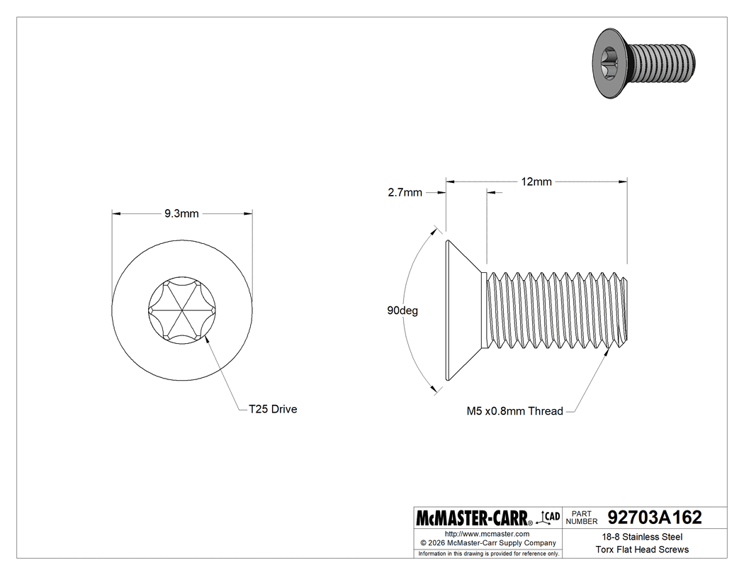 Technical Drawing of 18-8 Stainless Steel Torx Flat Head Screws, M5 x 0.8 mm Thread Size, 12 mm Long.